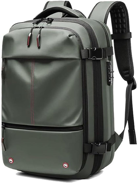 Extendable compression travel rucksack with anti-theft lock and wet compartment