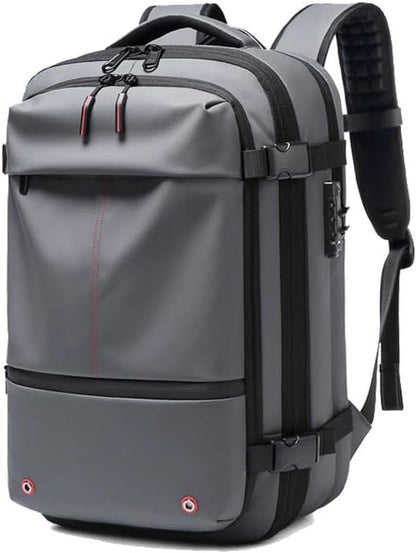 Extendable compression travel rucksack with anti-theft lock and wet compartment