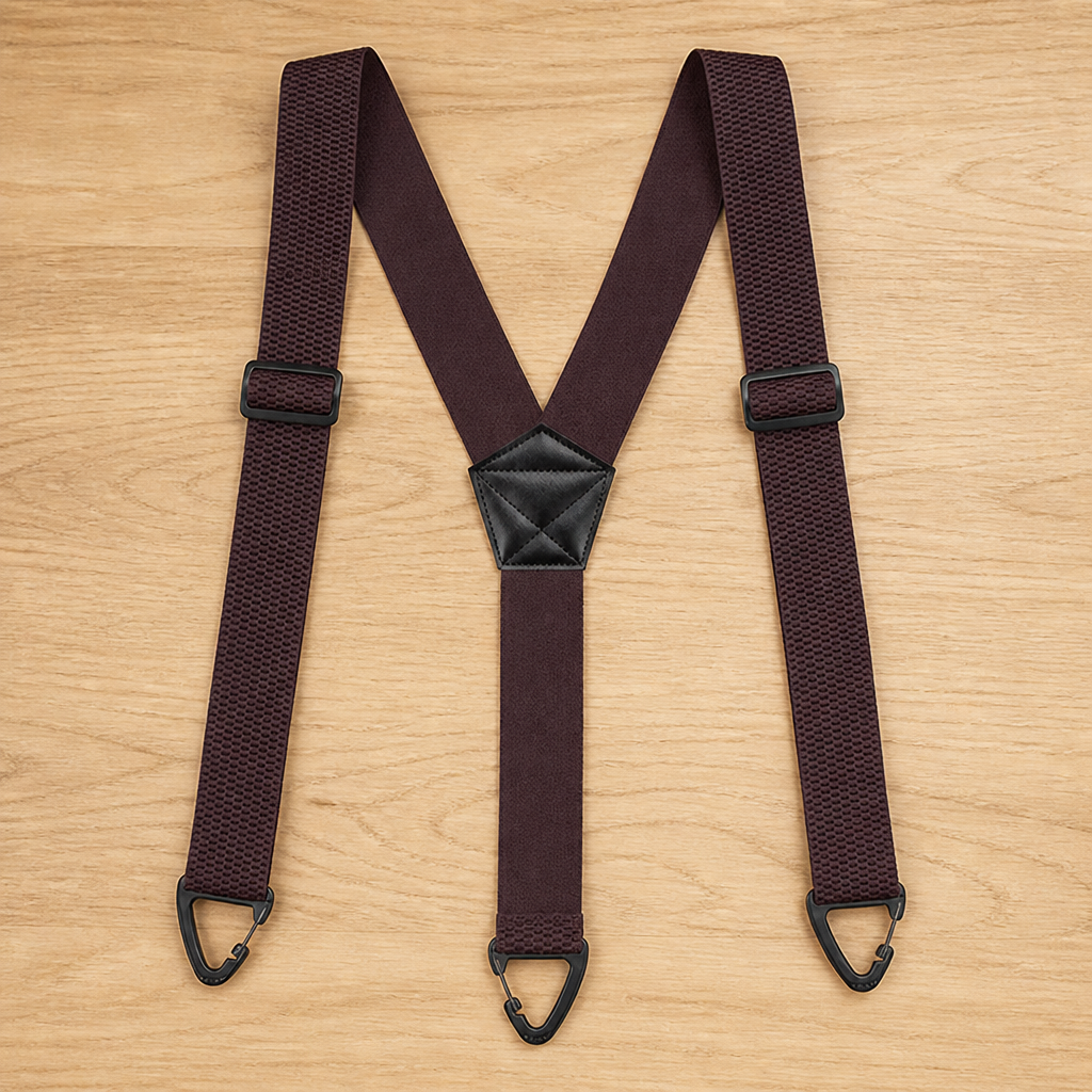 Dark burgundy-brown Y-back suspenders laid flat on wood, with black adjusters, triangular clips and a quilted black centre patch. 17