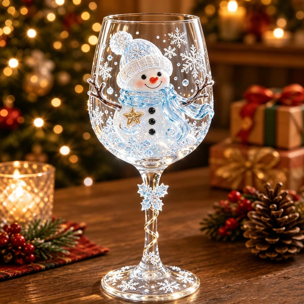 Wine glass with a smiling snowman in a knitted hat and blue scarf, with an icy snowflake charm 2
