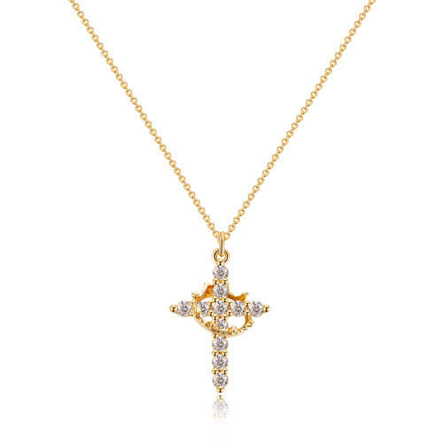 Gold-tone cross pendant set with round clear crystals and a small crown outline, hanging from a fine chain on white. 2
