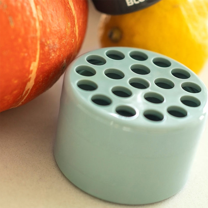Pale green round insert seen from above, showing its grid of stem holes, beside a pumpkin and a lemon. 8