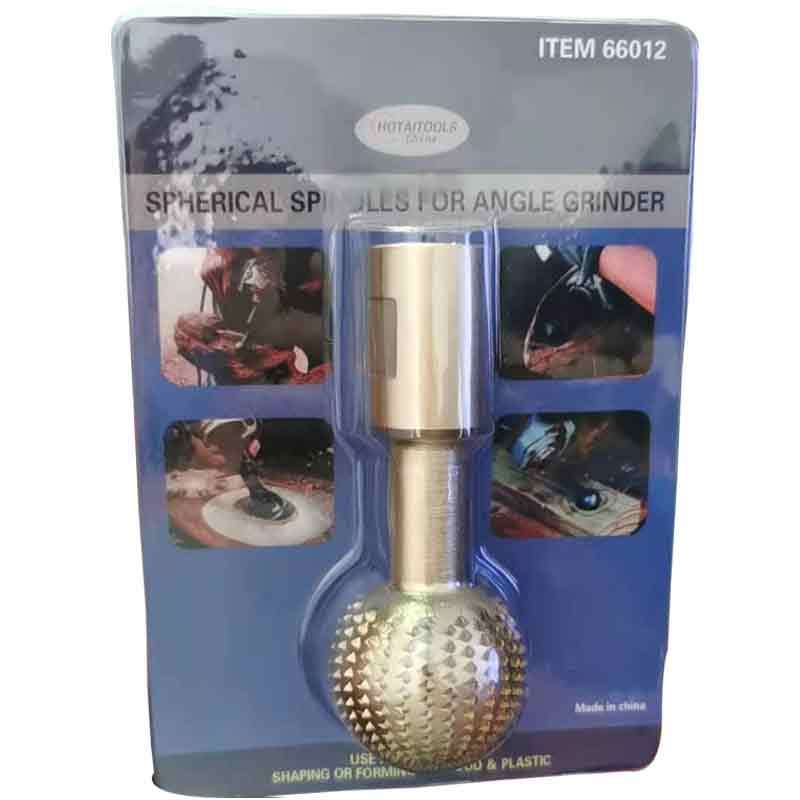 Gold-coloured spherical carving bit displayed on its blister card with small photos of the tool in use 6