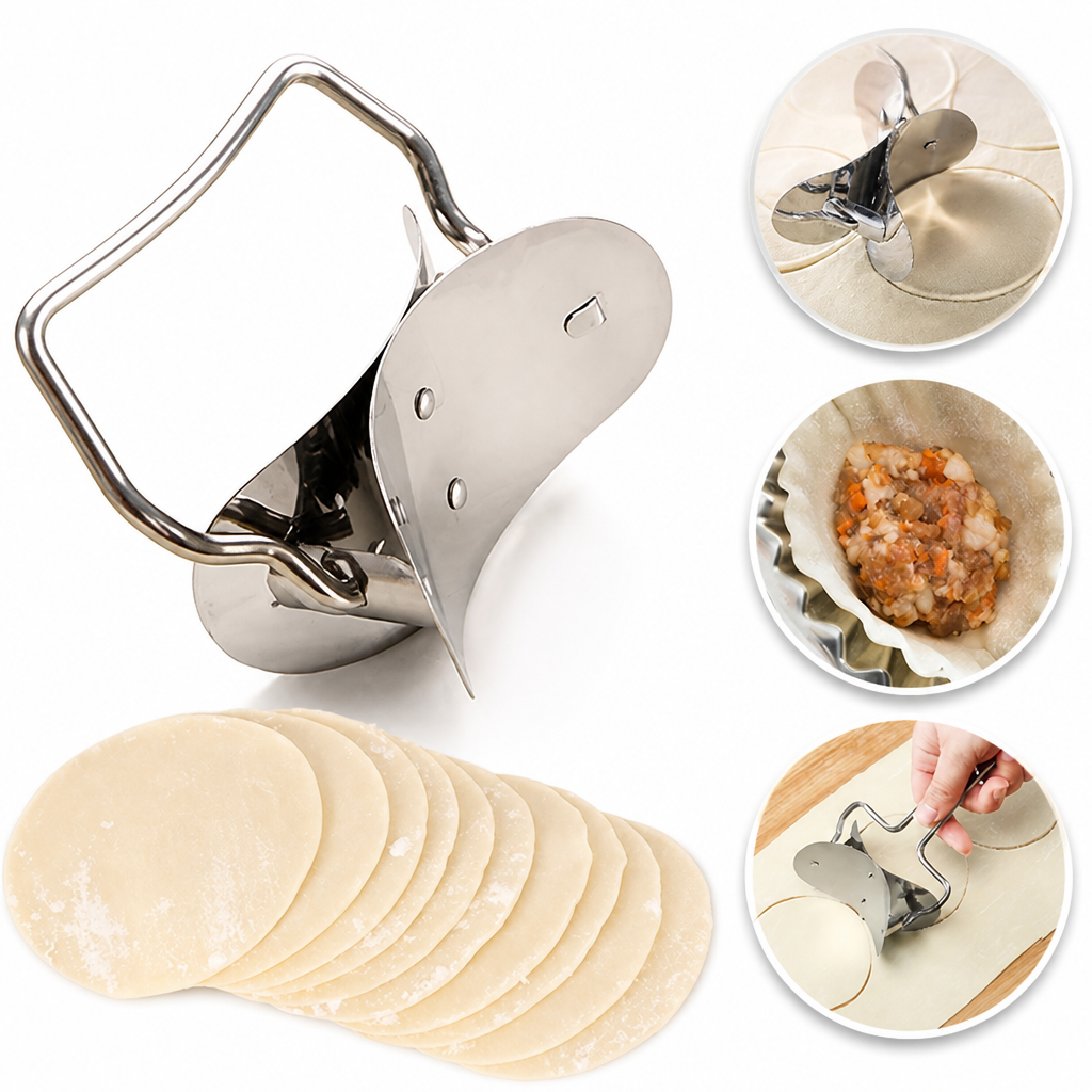 Steel dough cutter with bent wire handle beside a stack of cut dough rounds, with small insets of cutting dough and filling. 6