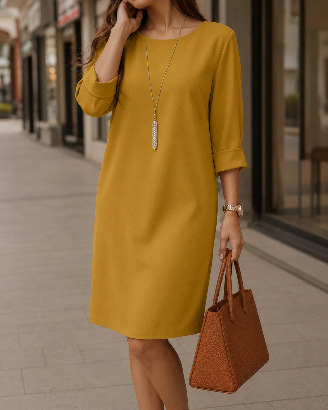 Cropped view of a mustard yellow dress with cuffed sleeves, long pendant necklace and brown textured tote 7