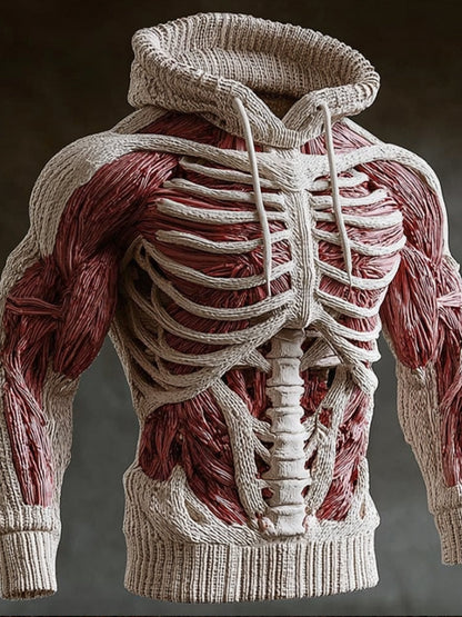 Cream version of the knit hoodie, with white ribs and spine standing out against red muscle panels and ribbed cuffs. 5