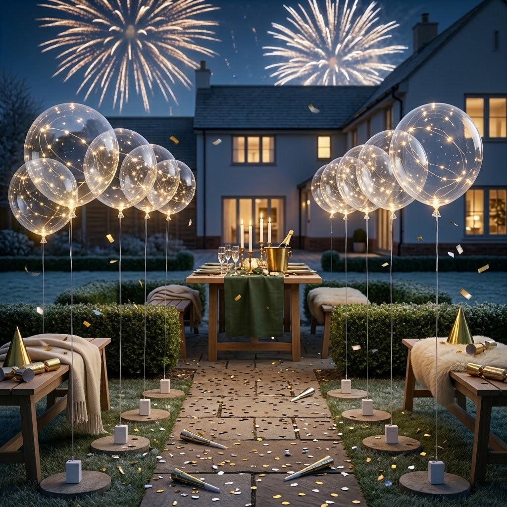 Rows of glowing balloons on weighted bases lining a frosty garden party path under fireworks 4
