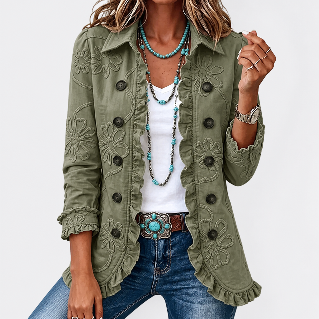 Floral Embroidered Utility Jacket - Vintage Boho Style with Ruffle Trim 6
