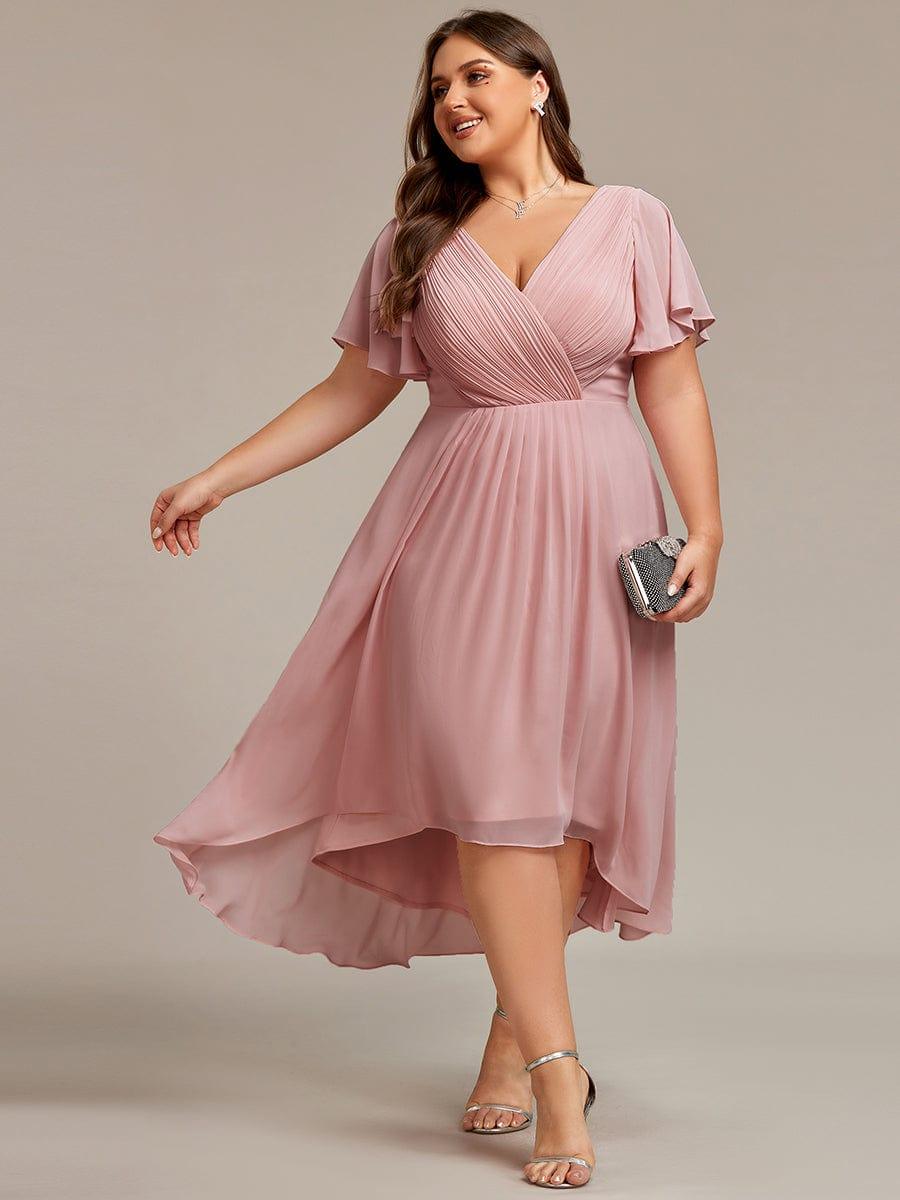 Chiffon High Low Wedding Guest Dress with V Neck and Short Sleeves 133