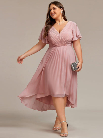 Chiffon High Low Wedding Guest Dress with V Neck and Short Sleeves 133