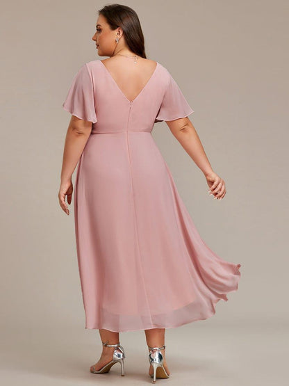 Chiffon High Low Wedding Guest Dress with V Neck and Short Sleeves 130