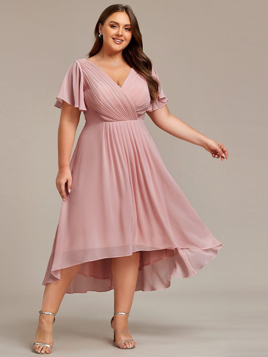 Chiffon High Low Wedding Guest Dress with V Neck and Short Sleeves 132