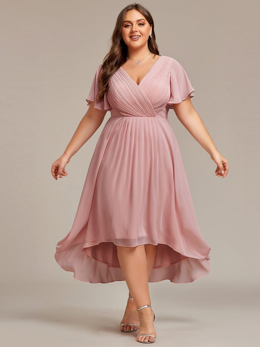 Chiffon High Low Wedding Guest Dress with V Neck and Short Sleeves 129