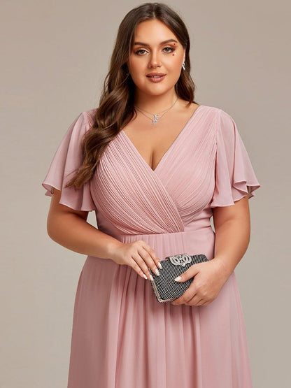 Chiffon High Low Wedding Guest Dress with V Neck and Short Sleeves 131