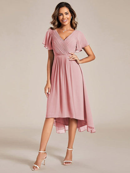 Chiffon High Low Wedding Guest Dress with V Neck and Short Sleeves 124