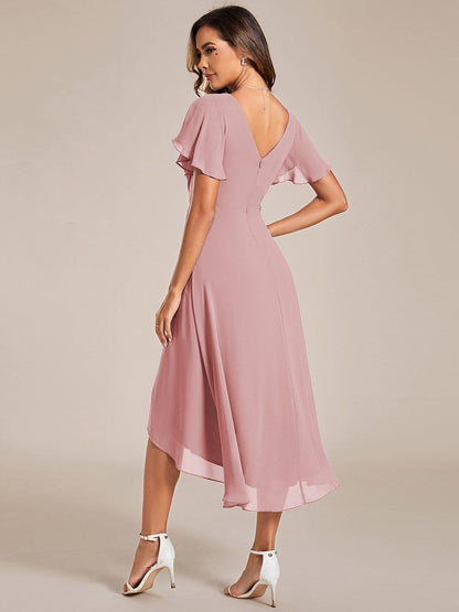 Chiffon High Low Wedding Guest Dress with V Neck and Short Sleeves 125