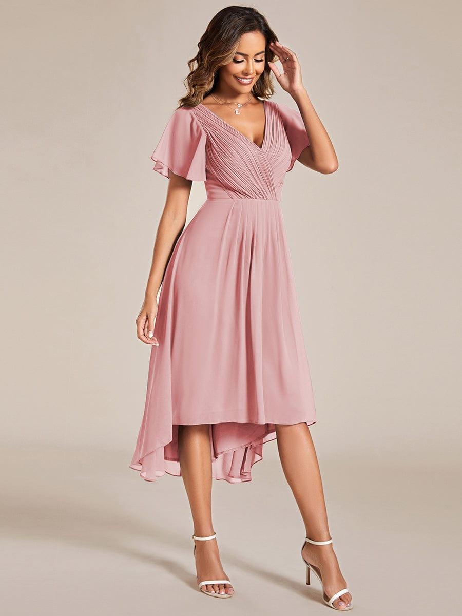 Chiffon High Low Wedding Guest Dress with V Neck and Short Sleeves 128