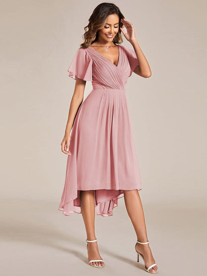 Chiffon High Low Wedding Guest Dress with V Neck and Short Sleeves 128