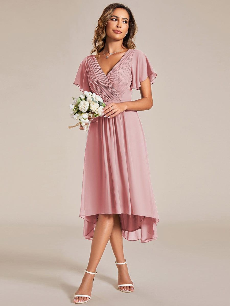 Chiffon High Low Wedding Guest Dress with V Neck and Short Sleeves 126