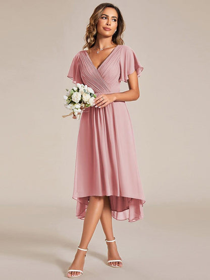 Chiffon High Low Wedding Guest Dress with V Neck and Short Sleeves 126