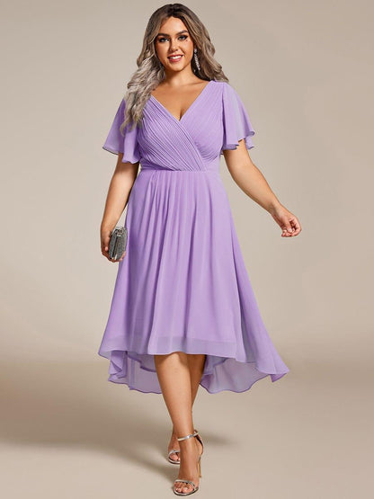 Chiffon High Low Wedding Guest Dress with V Neck and Short Sleeves 105