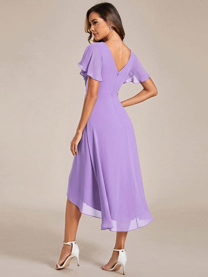 Chiffon High Low Wedding Guest Dress with V Neck and Short Sleeves 101