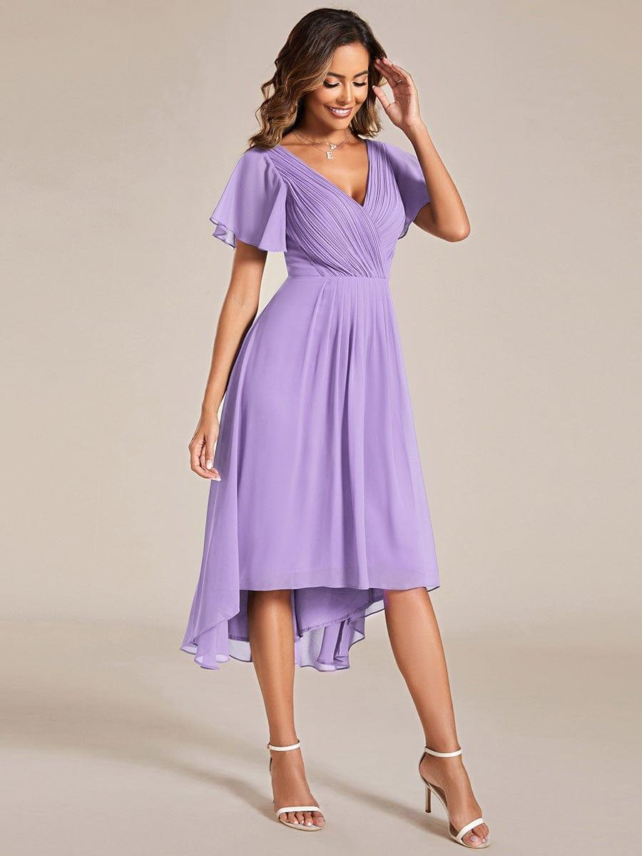Chiffon High Low Wedding Guest Dress with V Neck and Short Sleeves 104