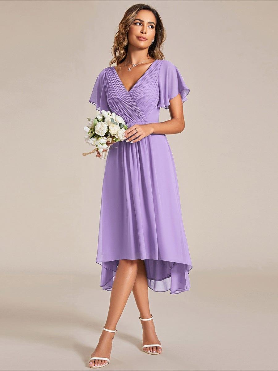 Chiffon High Low Wedding Guest Dress with V Neck and Short Sleeves 102