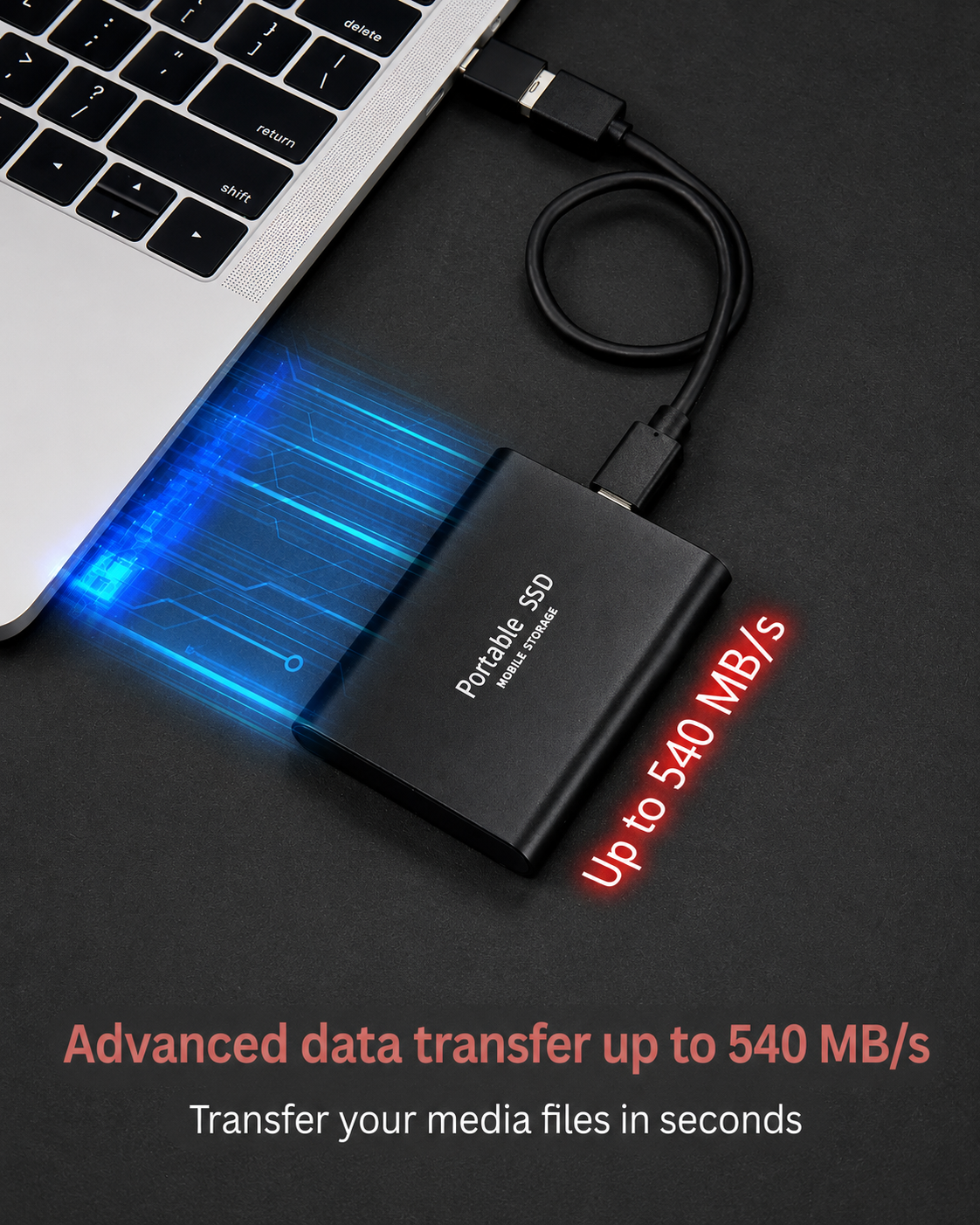 Black drive plugged into a laptop by a short cable on a dark surface, with blue streaks suggesting fast data transfer speed. 5
