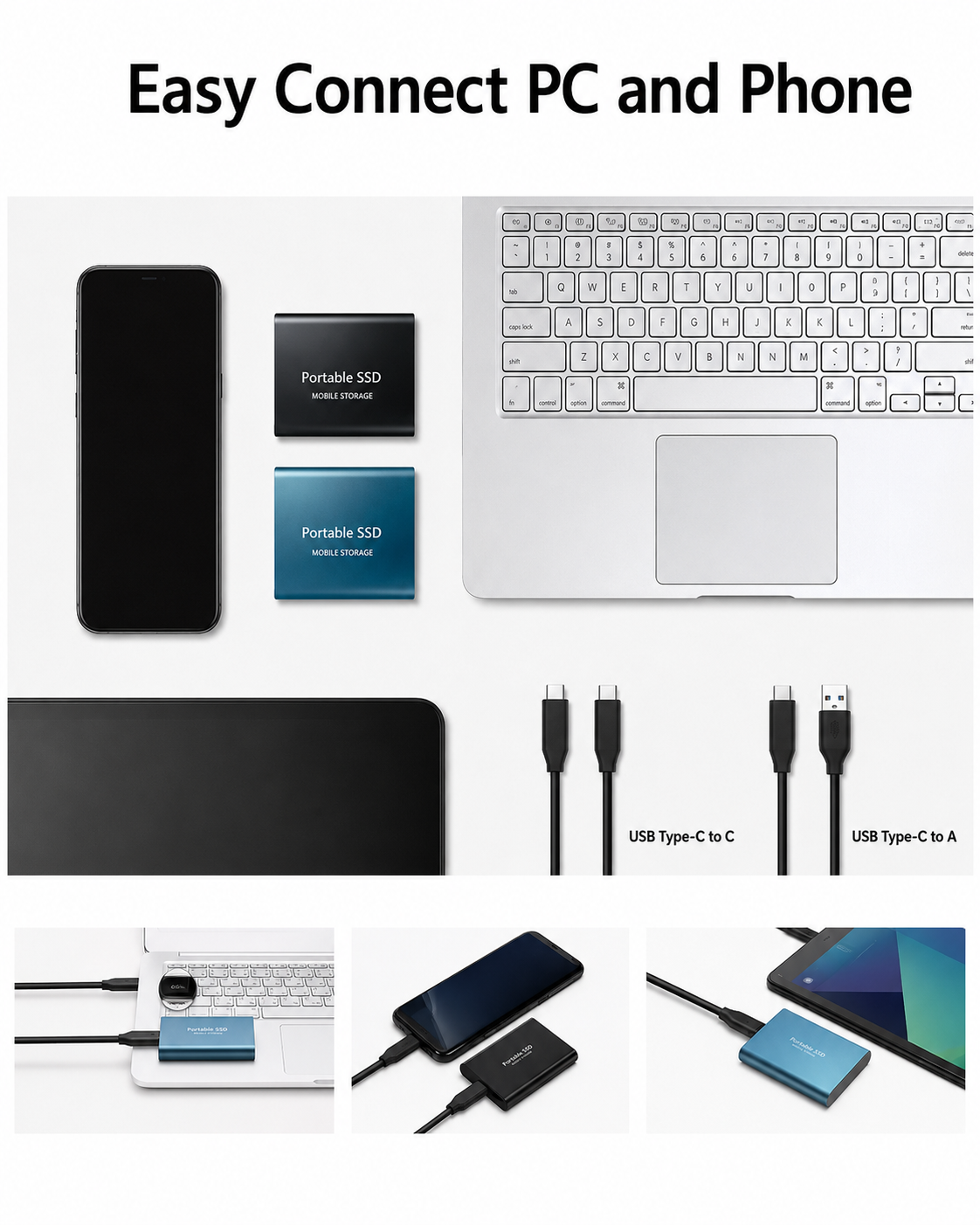 Flat lay of black and blue drives beside a phone, laptop and tablet, with USB-C to C and C to A cables, and three connection examples below. 4