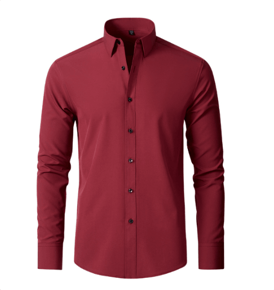 Front view of a burgundy red long-sleeved shirt with pointed collar, black buttons and buttoned cuffs, shown without a model. 7