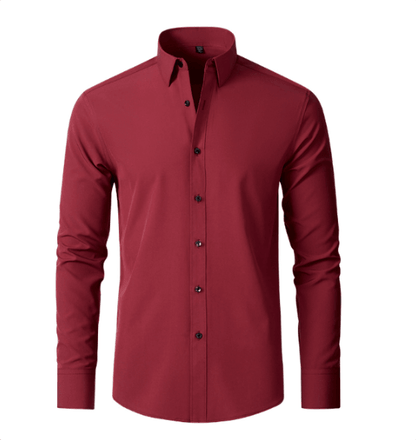 Front view of a burgundy red long-sleeved shirt with pointed collar, black buttons and buttoned cuffs, shown without a model. 7