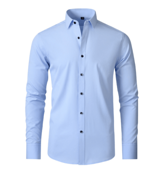 Front view of a light blue long-sleeved shirt with pointed collar and dark buttons, shown without a model. 8