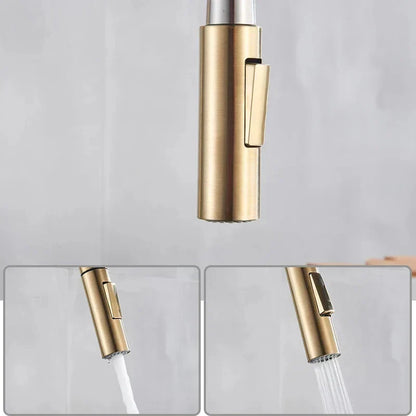 Close-up of the brushed gold pull-out spray head, with two smaller views showing a single stream and a shower spray. 2