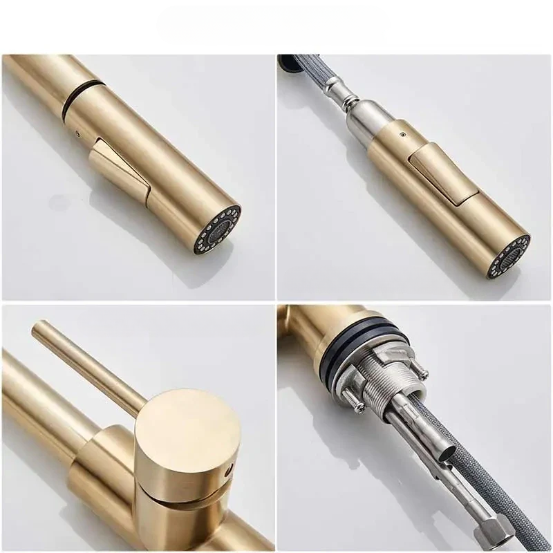 Four close-ups of the brushed gold tap: spray head, hose connector, lever handle and underside mounting fittings. 4