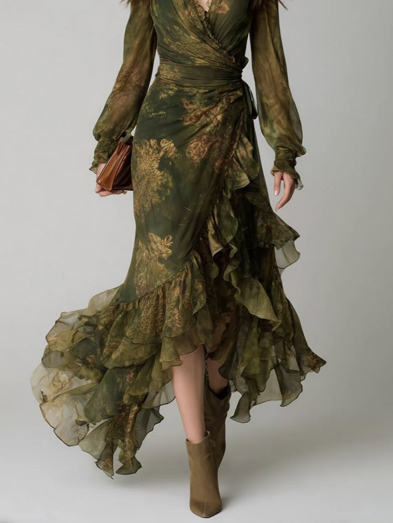 Lower half of the dress on a model, showing the wrapped skirt and layered sheer ruffles falling in an uneven, high-low hem. 4