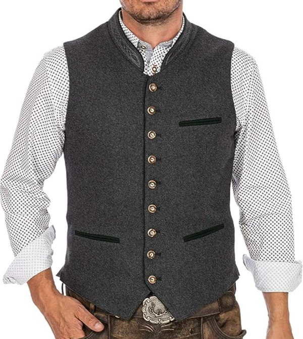 Close front view of a man wearing the grey waistcoat over a patterned white shirt, showing the row of metal buttons and green-trimmed pockets. 1