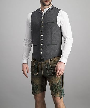 Full-length view of a model in the grey waistcoat with a white shirt and embroidered brown leather shorts. 2
