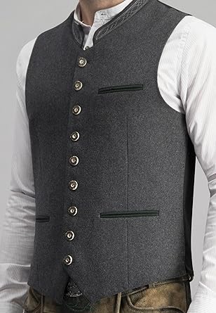 Close-up of the waistcoat's stand collar with embroidered trim, the button row and green-edged pockets on the textured grey fabric. 3