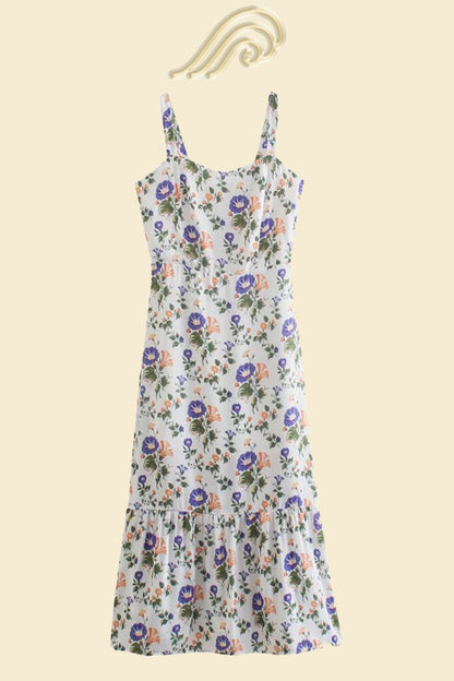 Printed flared midi dress with straps – Norelle