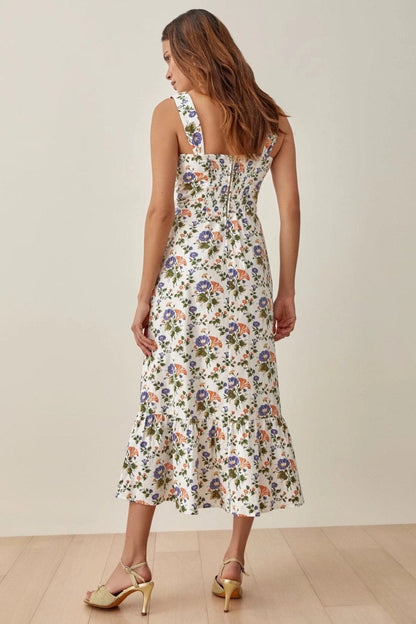 Printed flared midi dress with straps – Norelle