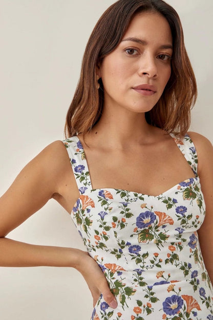 Printed flared midi dress with straps – Norelle