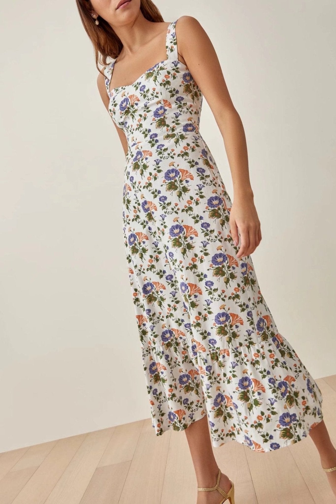 Printed flared midi dress with straps – Norelle