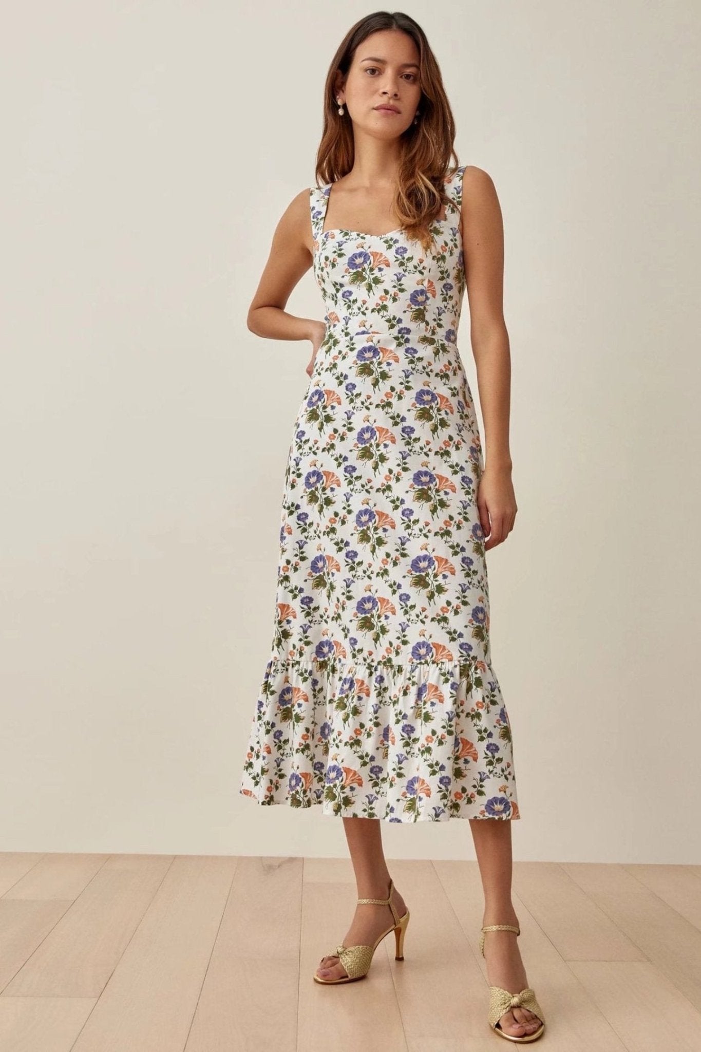 Printed flared midi dress with straps – Norelle