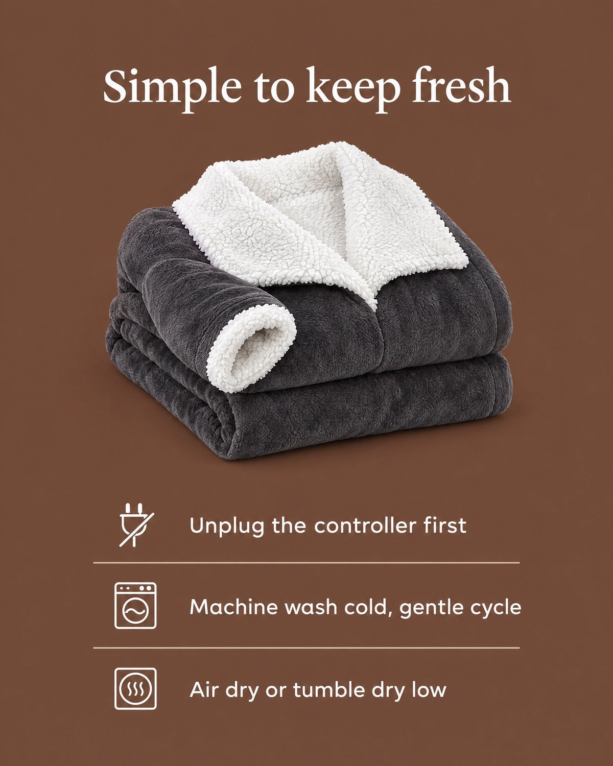 Robe folded into a neat stack on a brown background, white sherpa collar on top, beside washing and drying care instructions. 10