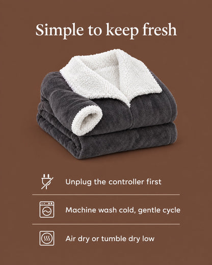 Robe folded into a neat stack on a brown background, white sherpa collar on top, beside washing and drying care instructions. 10