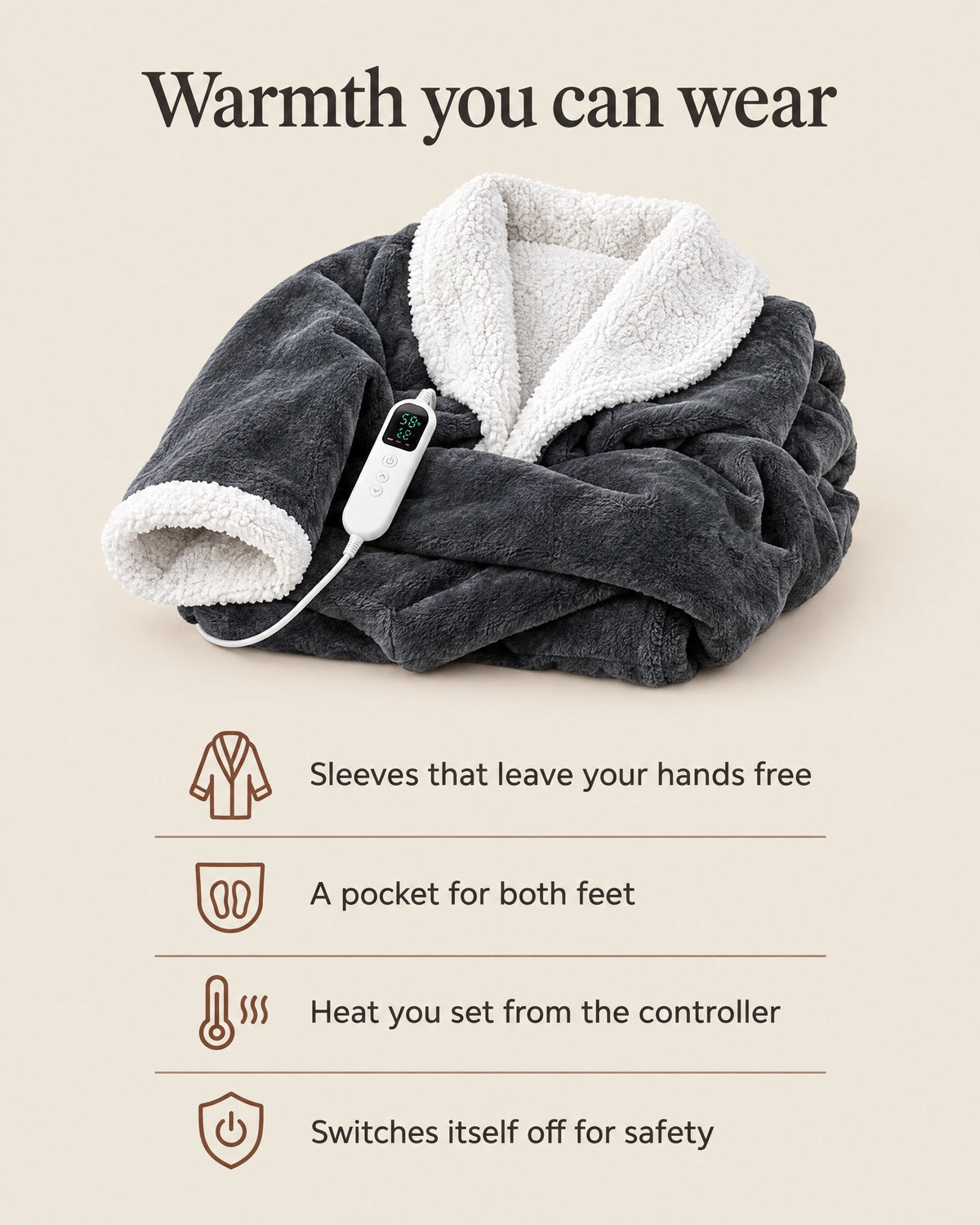 Robe folded with its white controller resting on the sleeve, beside icons listing free hands, a foot pocket, adjustable heat and automatic switch-off. 4