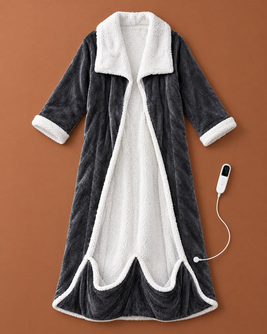 Flat lay of the open charcoal fleece robe with white sherpa collar, cuffs and lining, plus its white heat controller on a rust background. 1