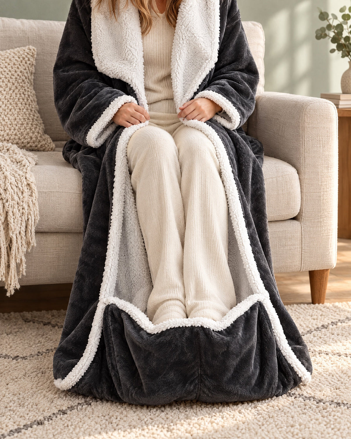 Seated woman in cream loungewear with her feet inside the robe's sherpa-edged foot pocket, hands holding the front edges on a sofa. 5