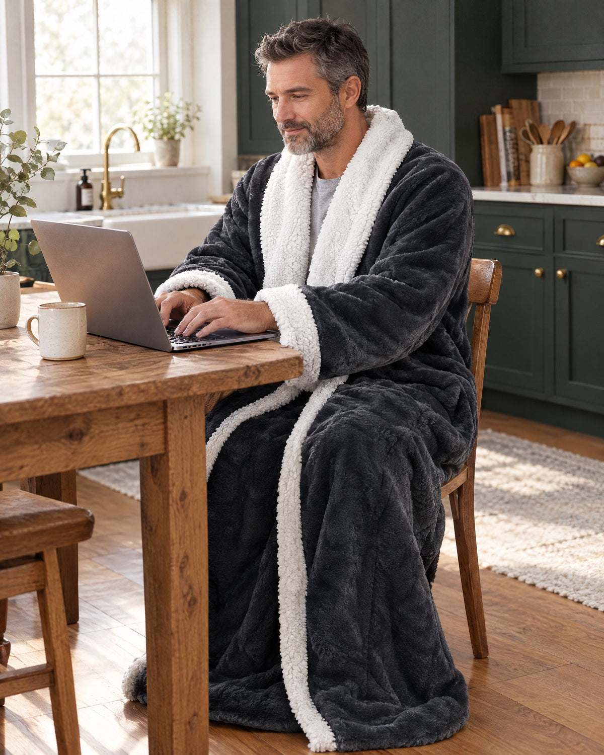 Man in the long robe sitting at a wooden kitchen table typing on a laptop, with a mug beside him. 9